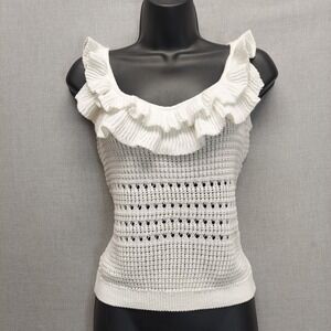 7 For All Mankind Sweater Tank Womens L Ruffle Neck Pointelle Knit Cottagecore